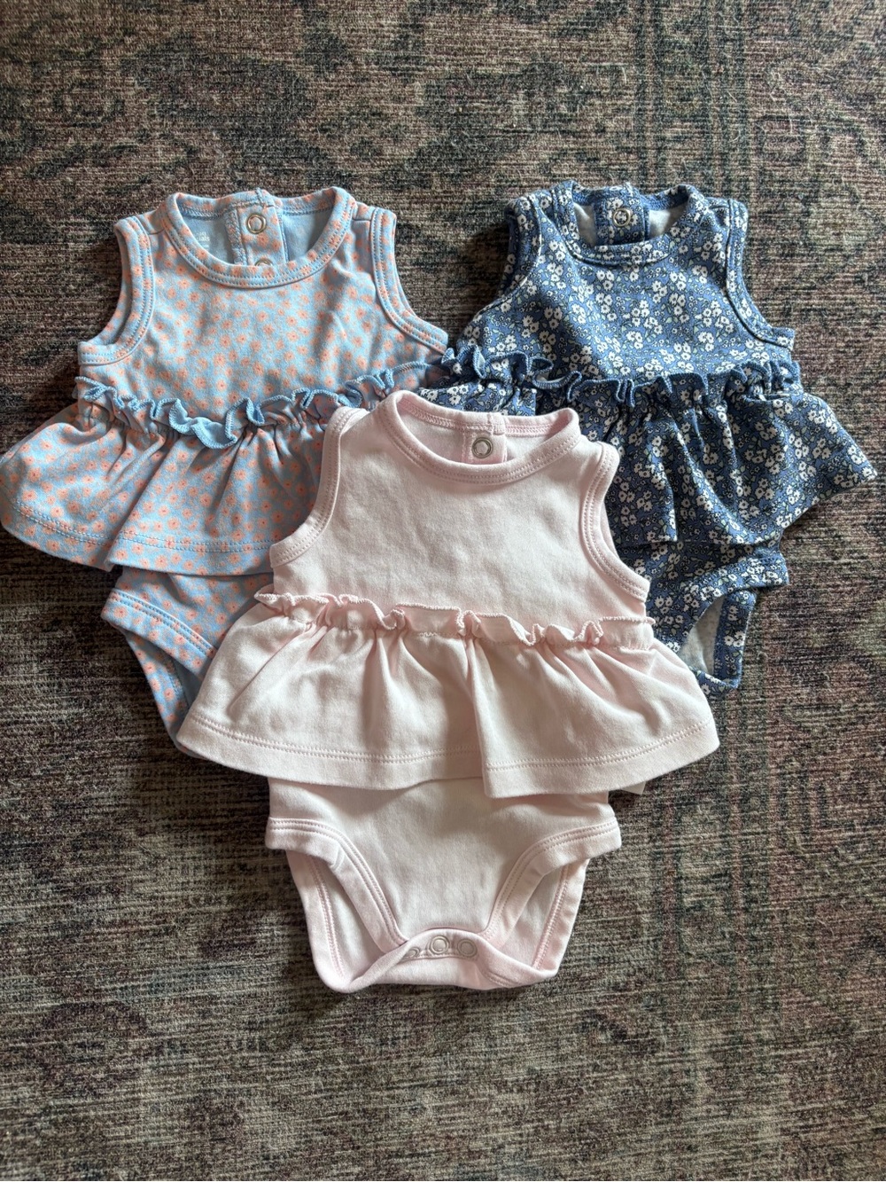 3-Pack Baby Ruffle Peplum Onesies - Pink, Blue Floral, Sky Dot